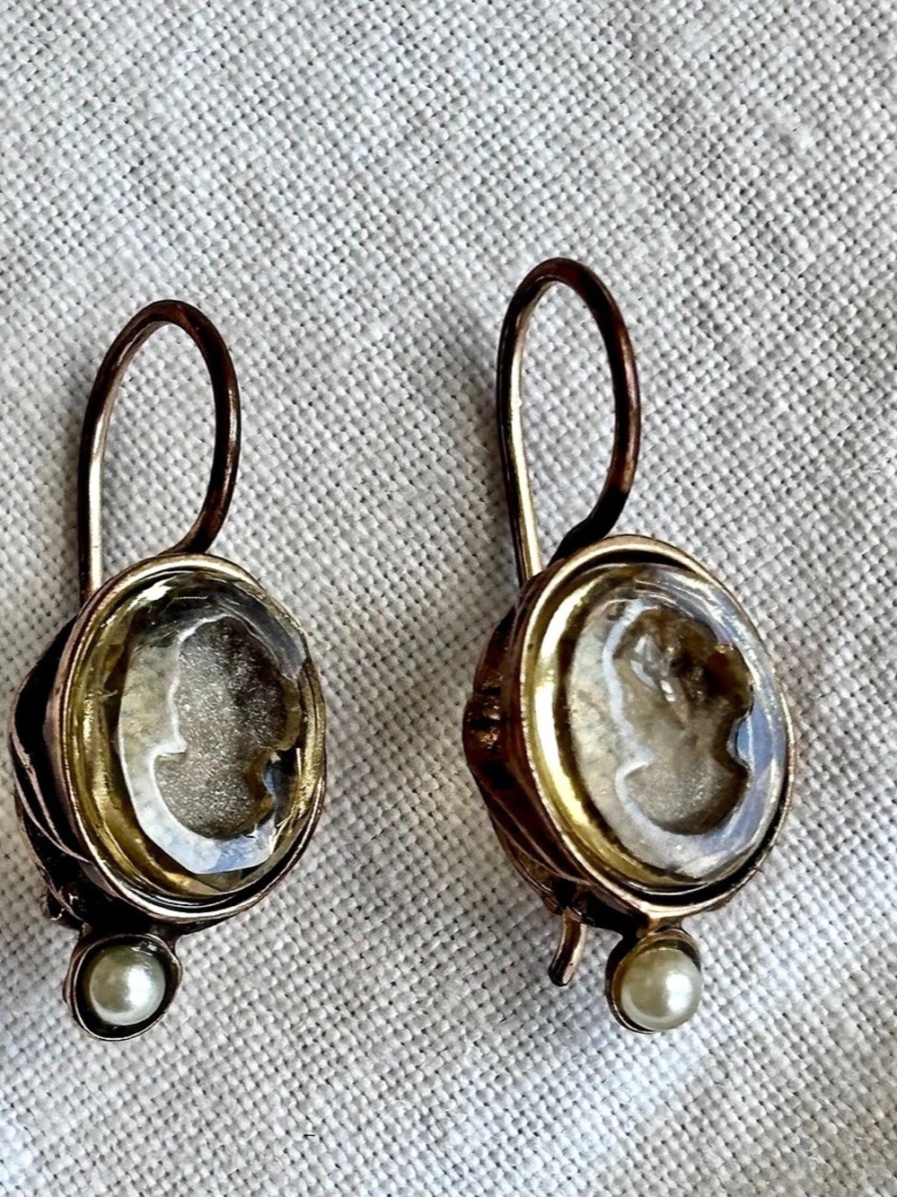 Vintage Extasia Glass Intaglio Cameo Earrings, Medallion Pearl Accent Gold Tone